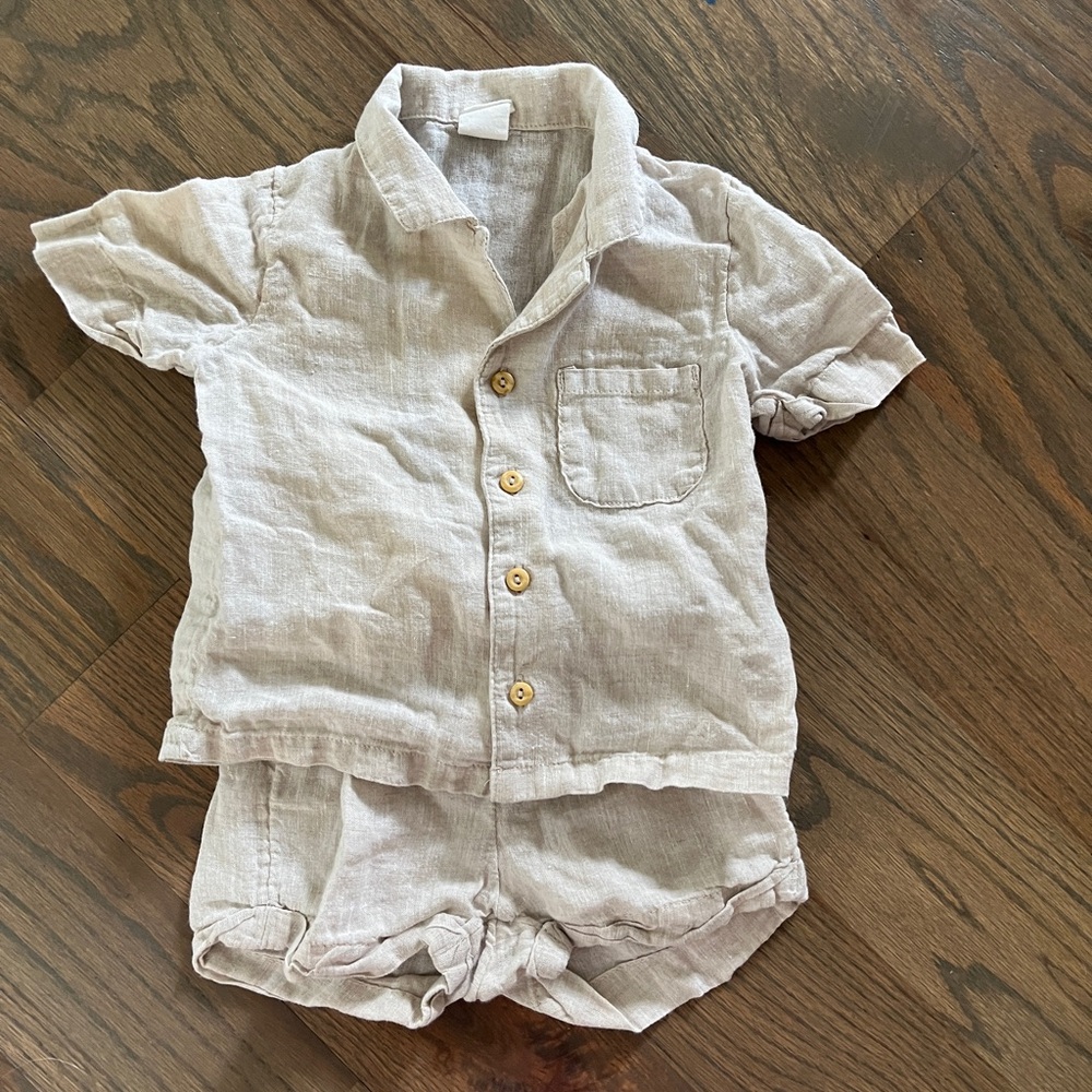 H&M Beige Linen Button-Up Top & Shorts Set - Size 9 Months